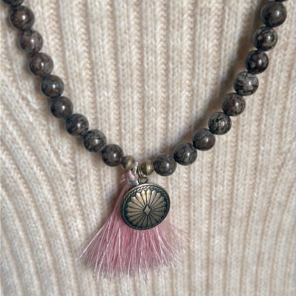 Handcrafted Long Brown Snowflake Obsidian  Gaspeite Bead Tassel Charm Necklace